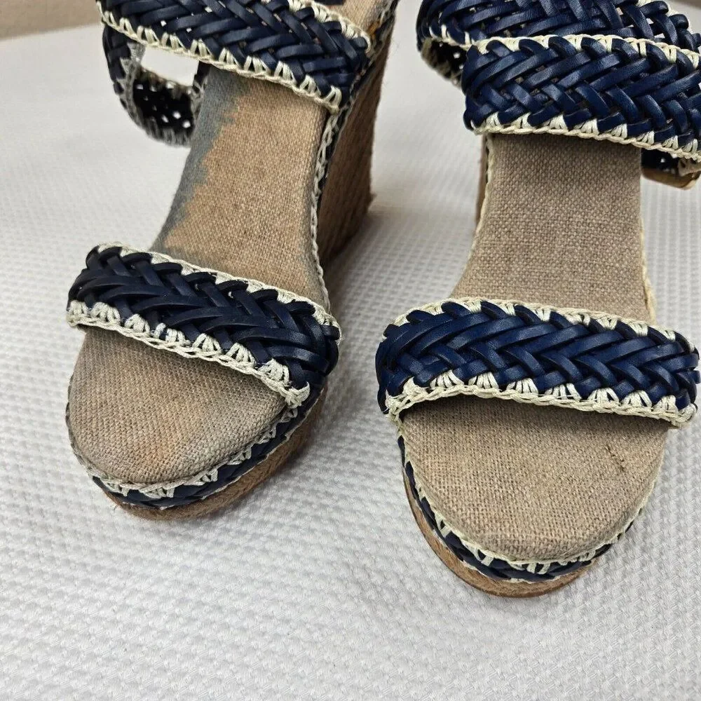 Tory Burch Lilah Wedge Espadrille Sandals Size 37.5 Us 7 Blue White